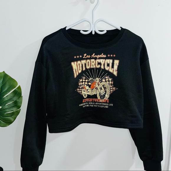 Shein Motorcycle Print Thermal Lined Crop Sweatshirt Medium - Picture 1 of 4